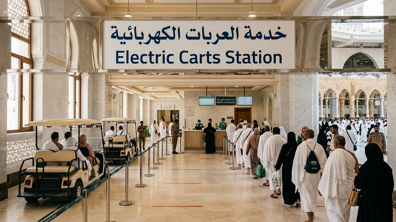 لوحات إرشادية تدل على نقطة استلام عربات السعي الكهربائية في ميزانين الحرم المكي